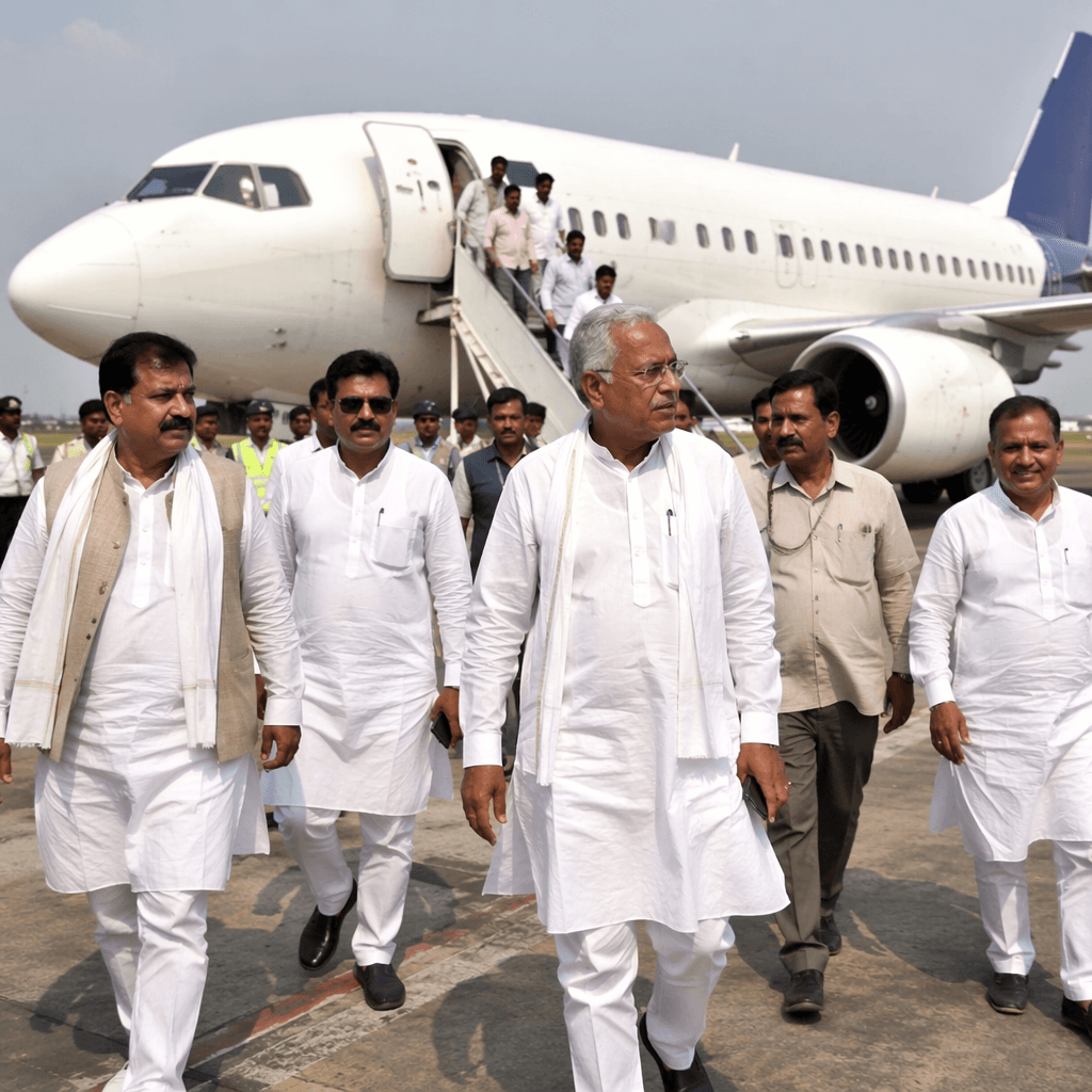 Illustration: भोपाल एयरपोर्ट पर कांग्रेस विधायकों की फ्लाइट। · NewsDarpan (AI-generated, GPT-Image-2)