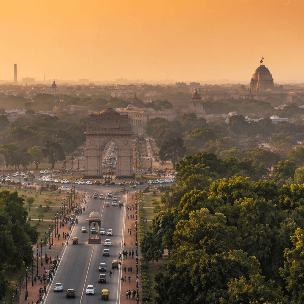 Illustration: Wide cinematic photoreal cityscape of New Delhi, India — recognizable local landmark, gold · NewsDarpan (AI-generated, GPT-Image-2)