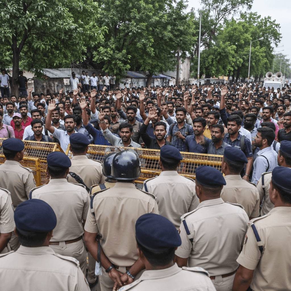 Illustration: पटना में छात्रों का प्रदर्शन और पुलिस की तैनाती। · NewsDarpan (AI-generated, GPT-Image-2)