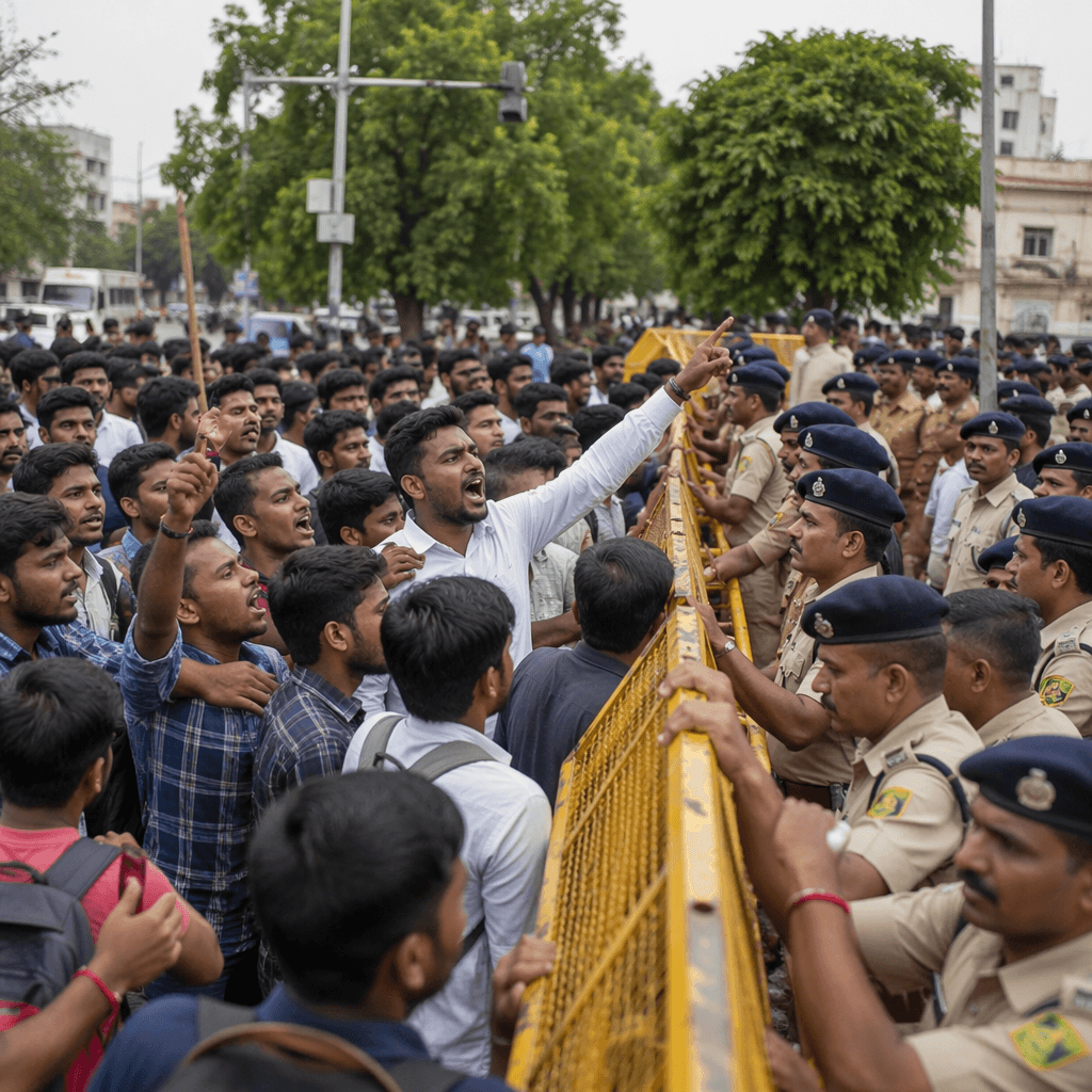 Illustration: पटना में छात्रों का प्रदर्शन और पुलिस की तैनाती। · NewsDarpan (AI-generated, GPT-Image-2)