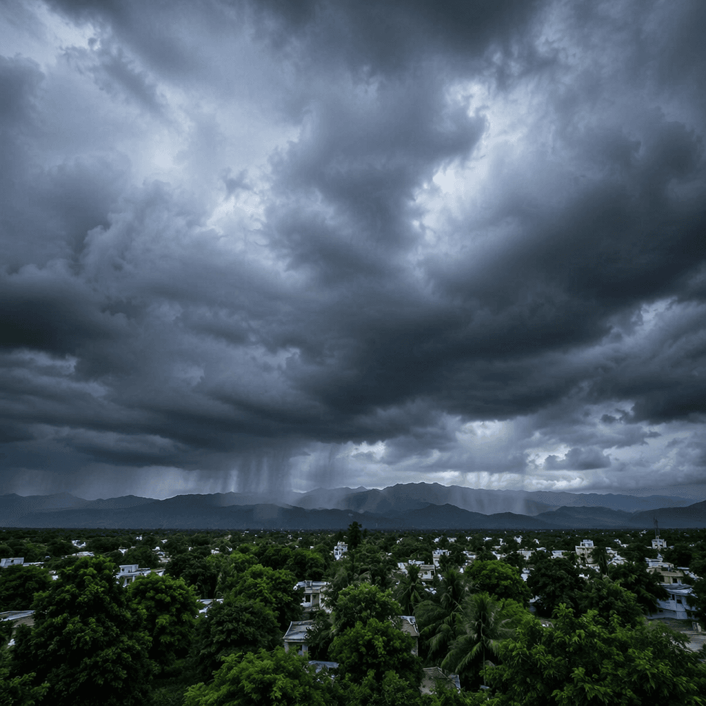 Illustration: Monsoon clouds over India as seen in recent weather updates · NewsDarpan (AI-generated, GPT-Image-2)