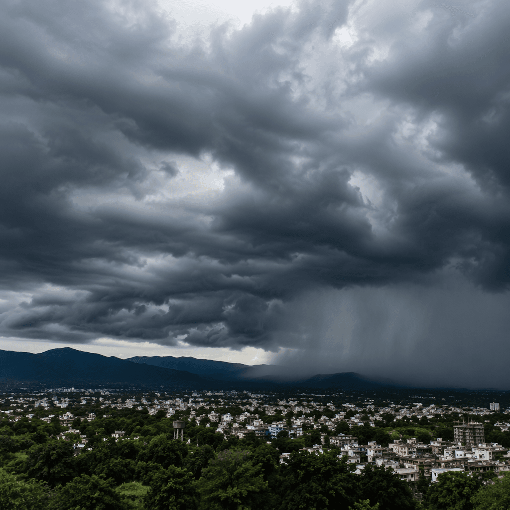 Illustration: Monsoon clouds over India as seen in recent weather updates · NewsDarpan (AI-generated, GPT-Image-2)