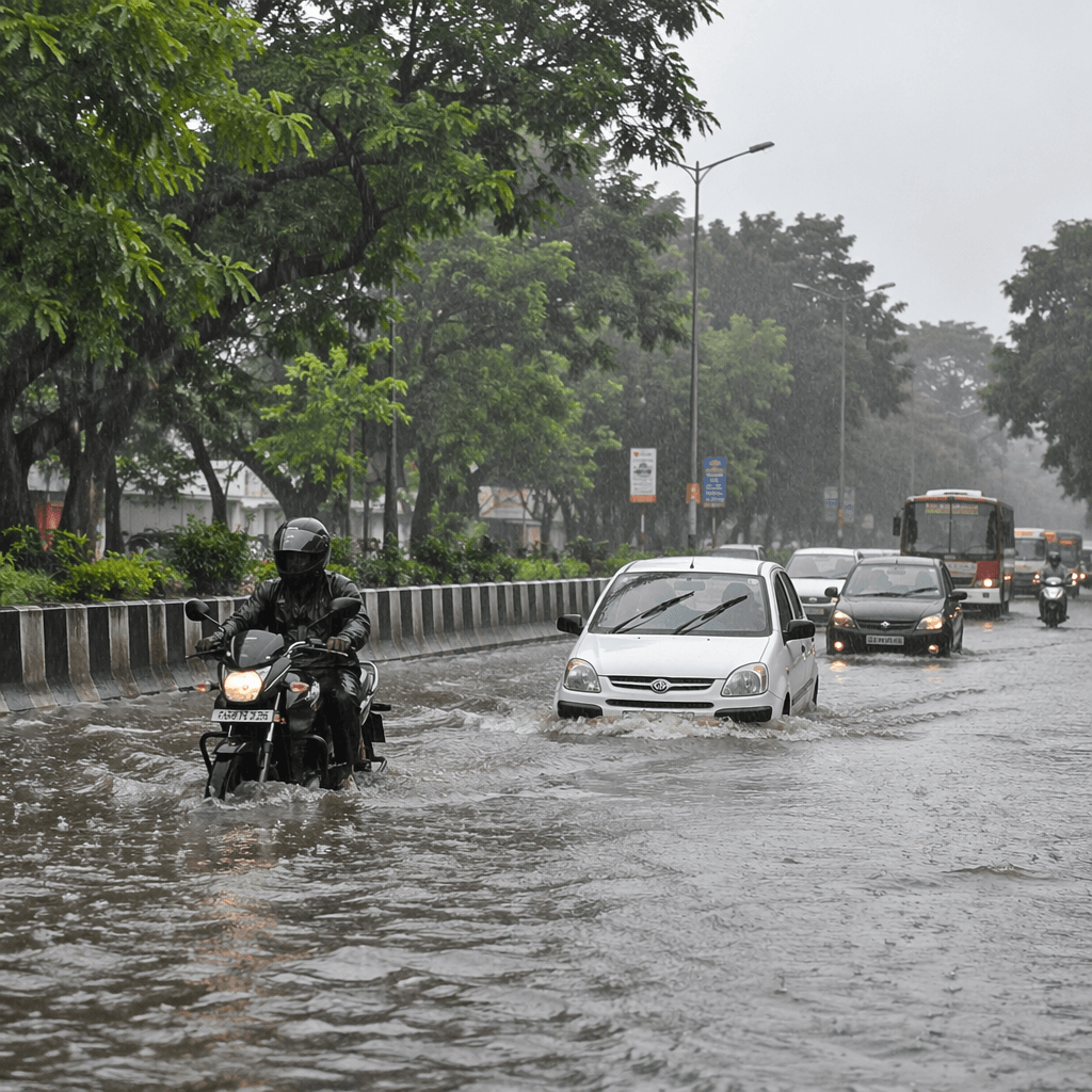 Illustration: Heavy rain causes waterlogging in Karnataka and Kerala · NewsDarpan (AI-generated, GPT-Image-2)