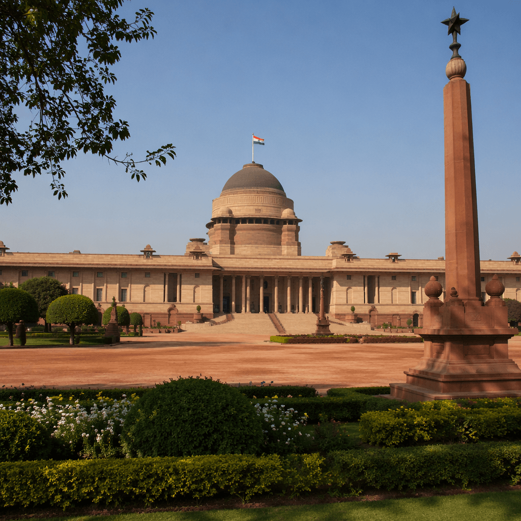 Illustration: Photoreal image of Rashtrapati Bhavan in New Delhi, India, editorial, high detail · NewsDarpan (AI-generated, GPT-Image-2)