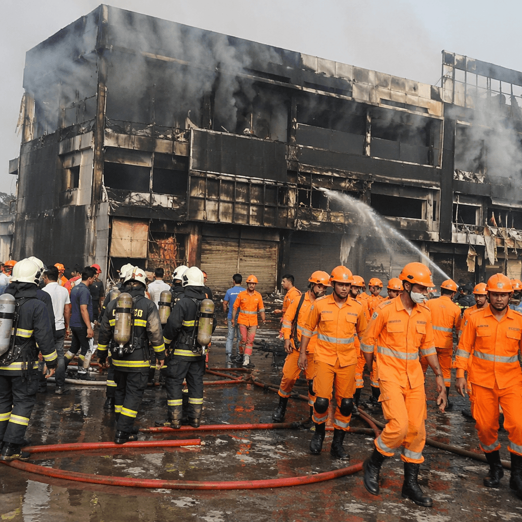 Firefighters and NDRF teams at the site of the Rohtak D-Park Market fire · NewsDarpan AI
