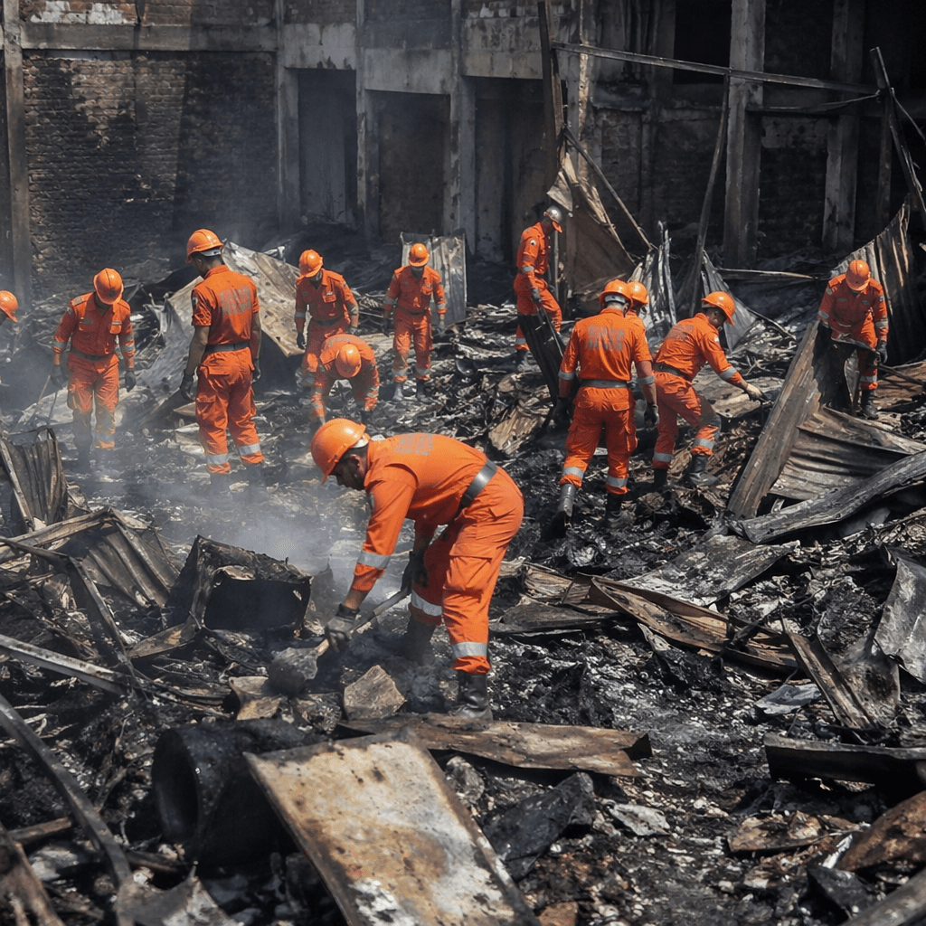 NDRF teams search through the debris after the Rohtak market fire · NewsDarpan
