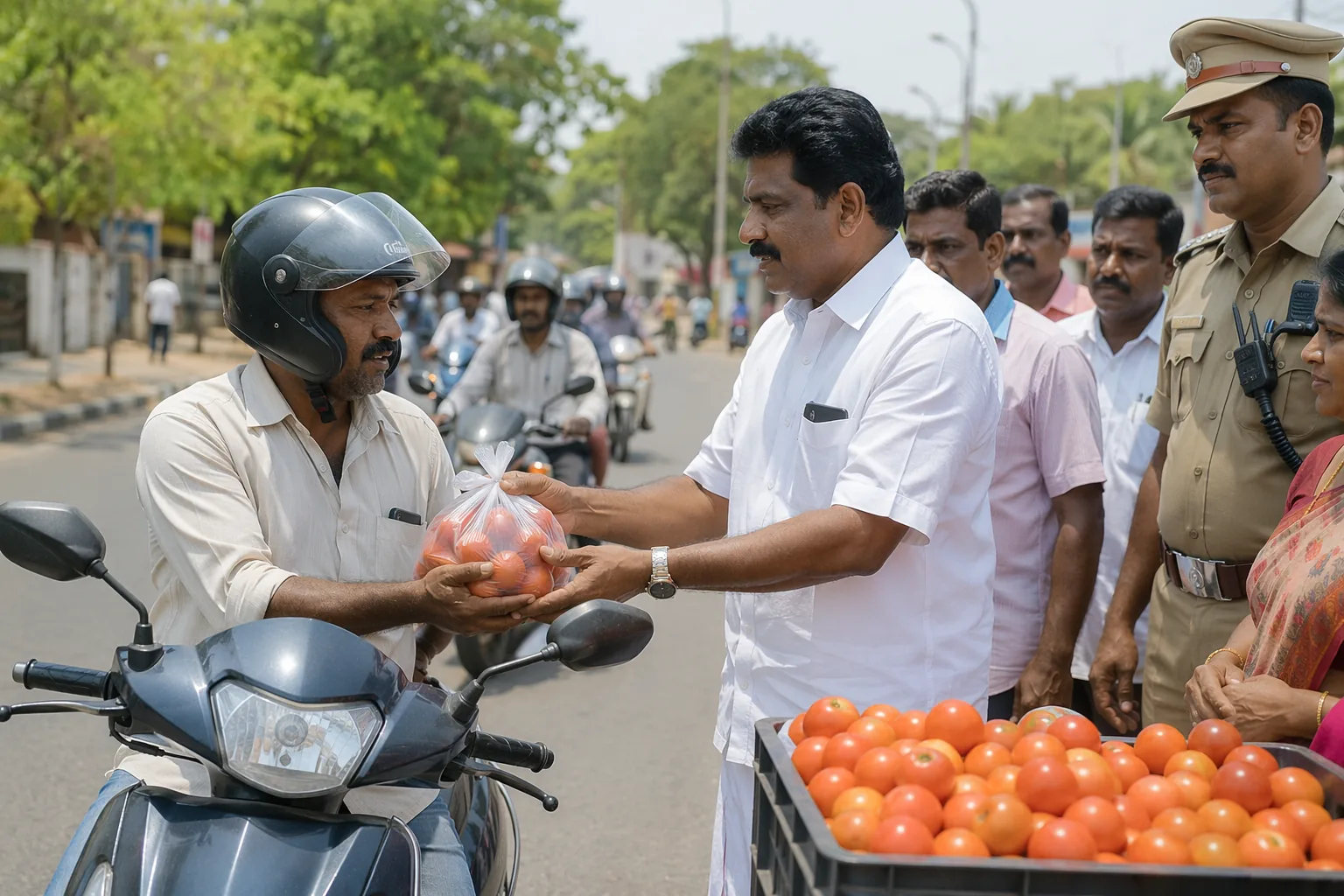 Two-wheeler riders rewarded with 1 kg of tomato for wearing helmet at Pattukottai