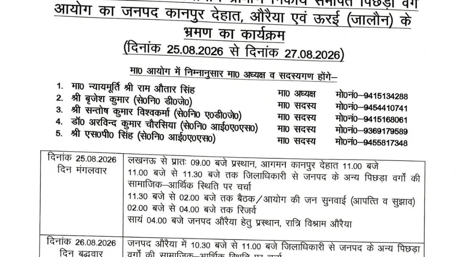 OBC आयोग 25 अगस्त को कानपुर देहात का दौरा करेगा, जनसुनवाई लेगा