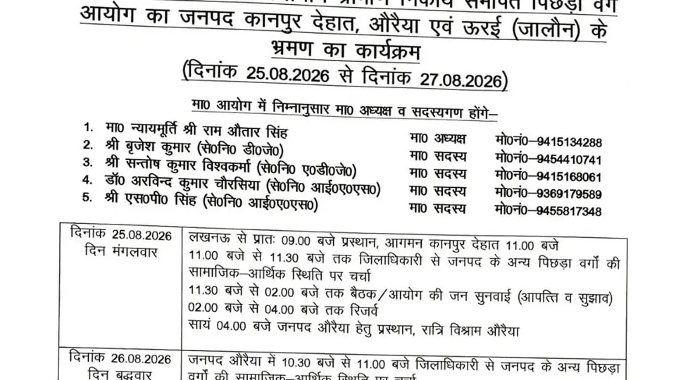 OBC आयोग 25 अगस्त को कानपुर देहात का दौरा करेगा, जनसुनवाई लेगा
