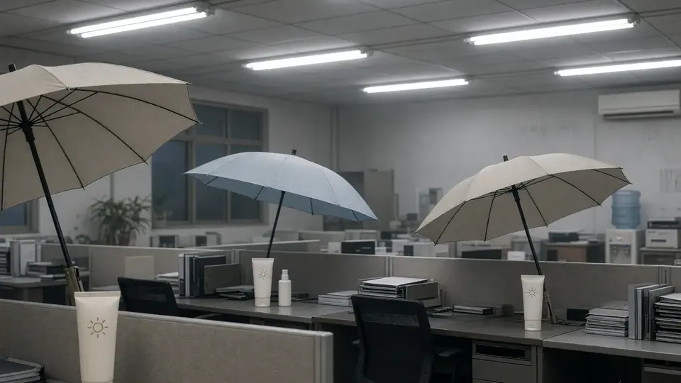 Chinese office workers deploy parasols at desks to combat workplace-induced skin damage