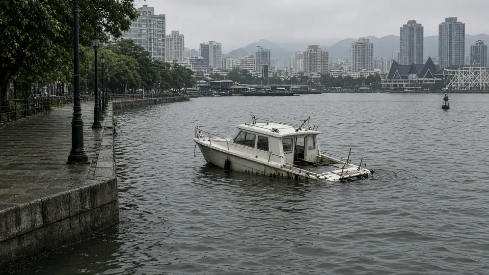 Pleasure boat moored at Hong Kong promenade sinks after month
