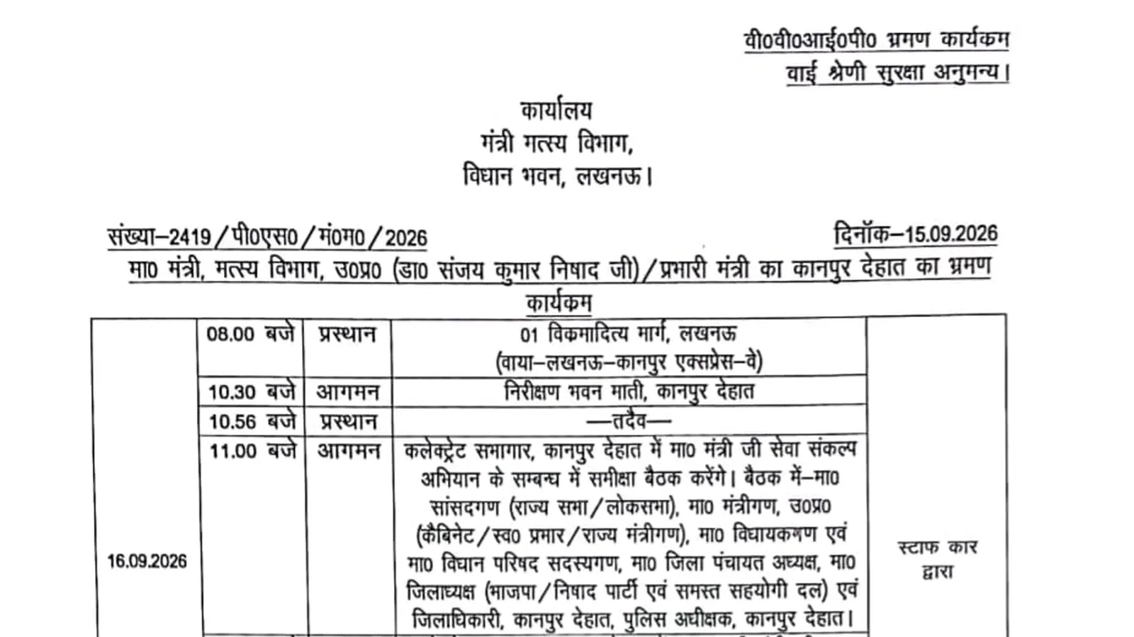 मत्स्य मंत्री संजय निषाद कानपुर देहात का दौरा करेंगे विकास योजनाओं की समीक्षा के लिए