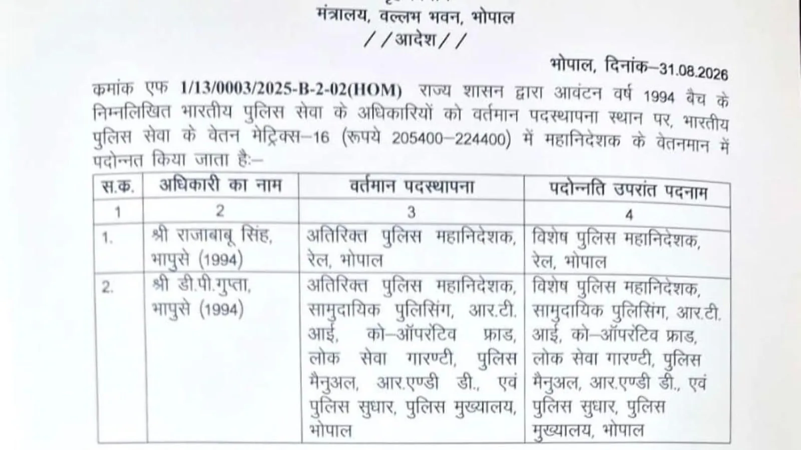 भोपाल पुलिस में दो अधिकारियों को स्पेशल डीजी का रैंक मिला