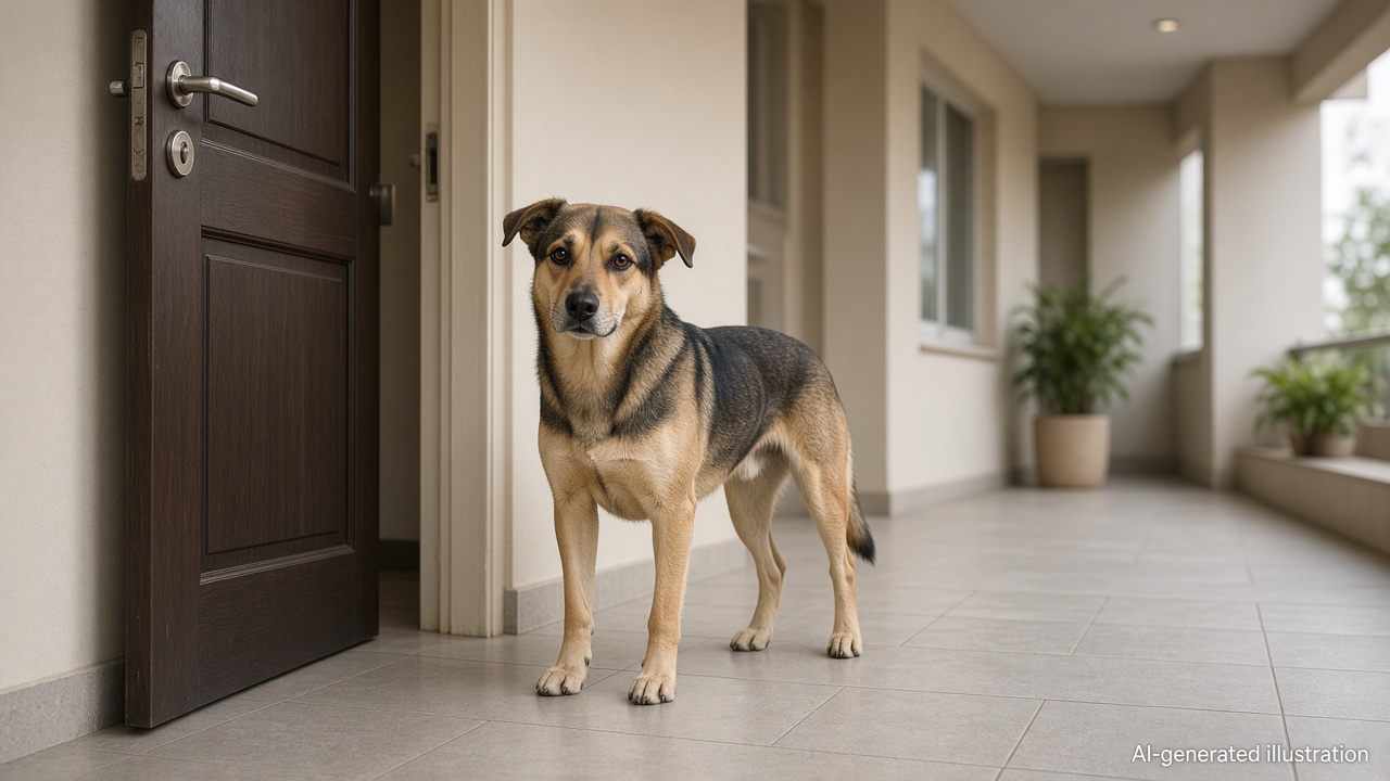 AI-generated symbolic illustration of a dog beside a home doorway; not the actual dog involved in the reported incident