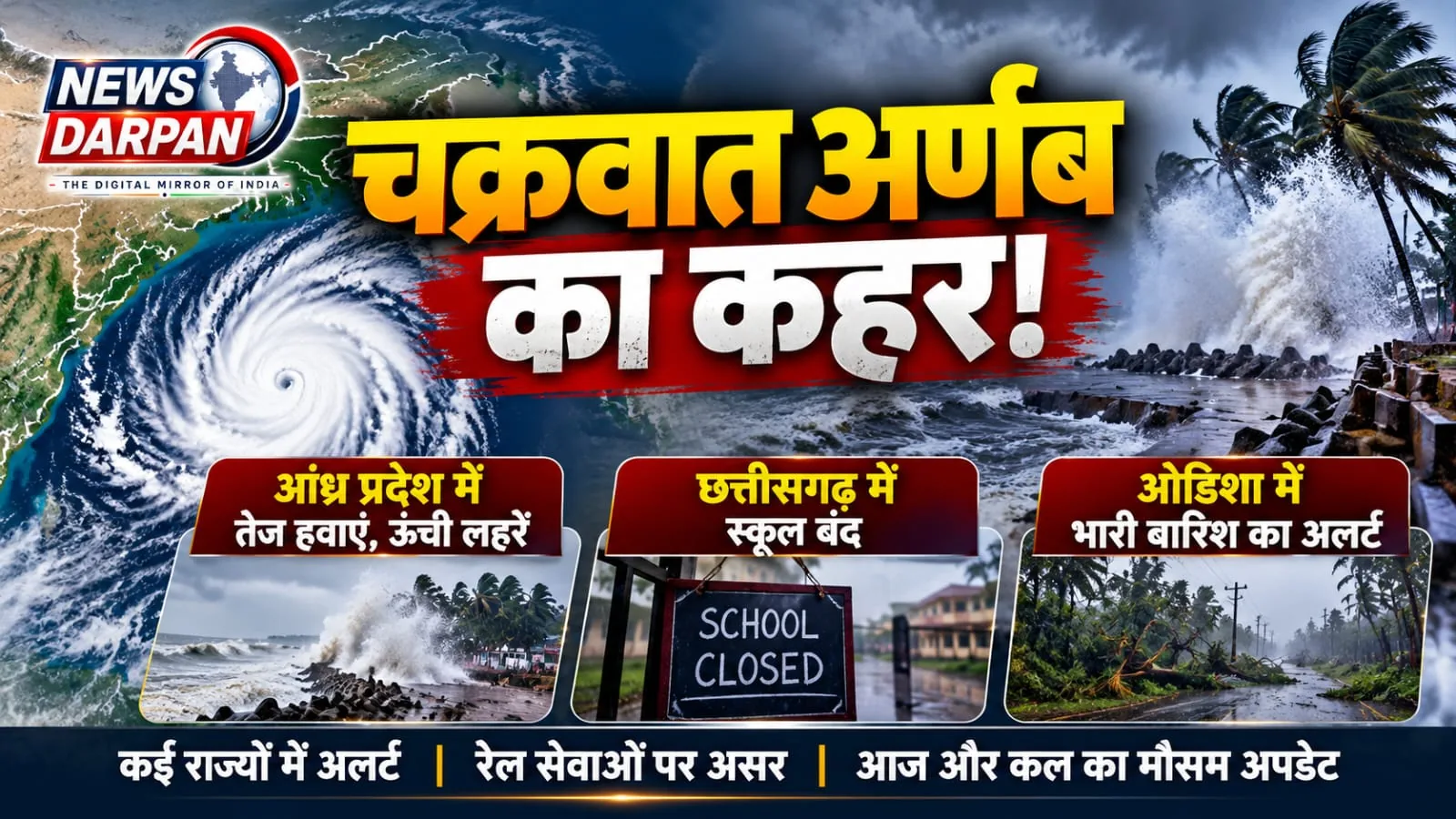 चक्रवात अर्णब पर न्यूज़ दर्पण का सांकेतिक ग्राफिक, जिसमें उपग्रह शैली का तूफान, ऊंची समुद्री लहरें, स्कूल बंद का बोर्ड और गिरे पेड़ दिखाए गए हैं।