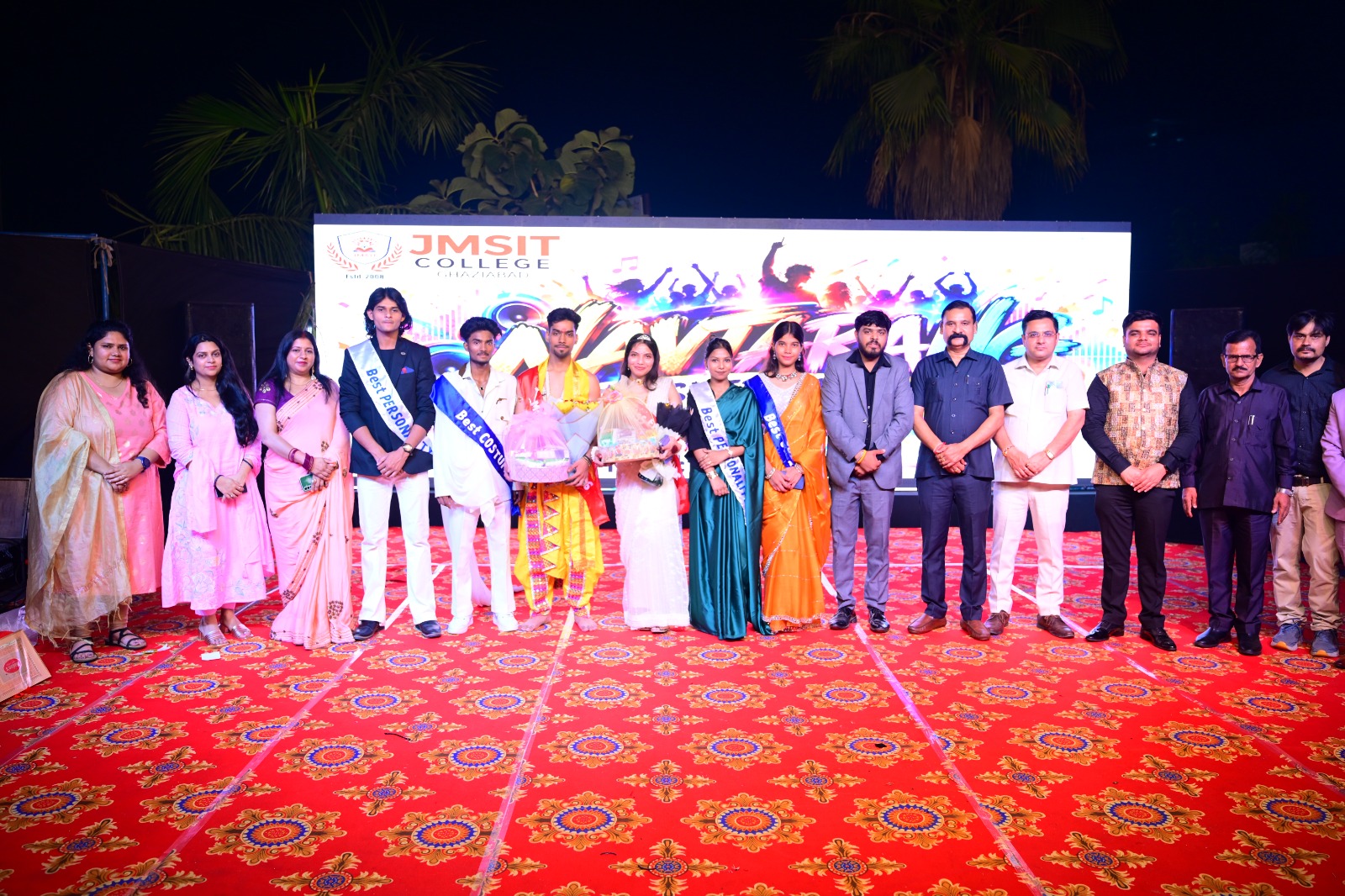 Award winners, faculty and guests on stage at the JMSIT freshers party in Ghaziabad