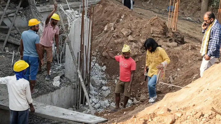 ग्वालियर स्कूल निर्माण स्थल पर मलबे और खुले सरियों के बीच मौजूद लोग