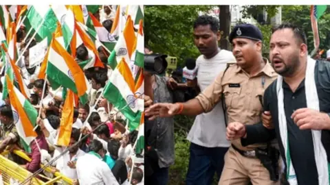 SIR के खिलाफ पटना में महागठबंधन का राजभवन मार्च, तेजस्वी बैरिकेडिंग पर चढ़े