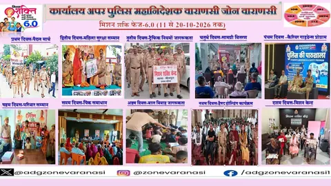 वाराणसी जोन पुलिस का मिशन शक्ति 6.0 पोस्टर: 11 से 20 अक्टूबर 2026 की दस दिवसीय गतिविधियों का पूर्ण फोटो कोलाज