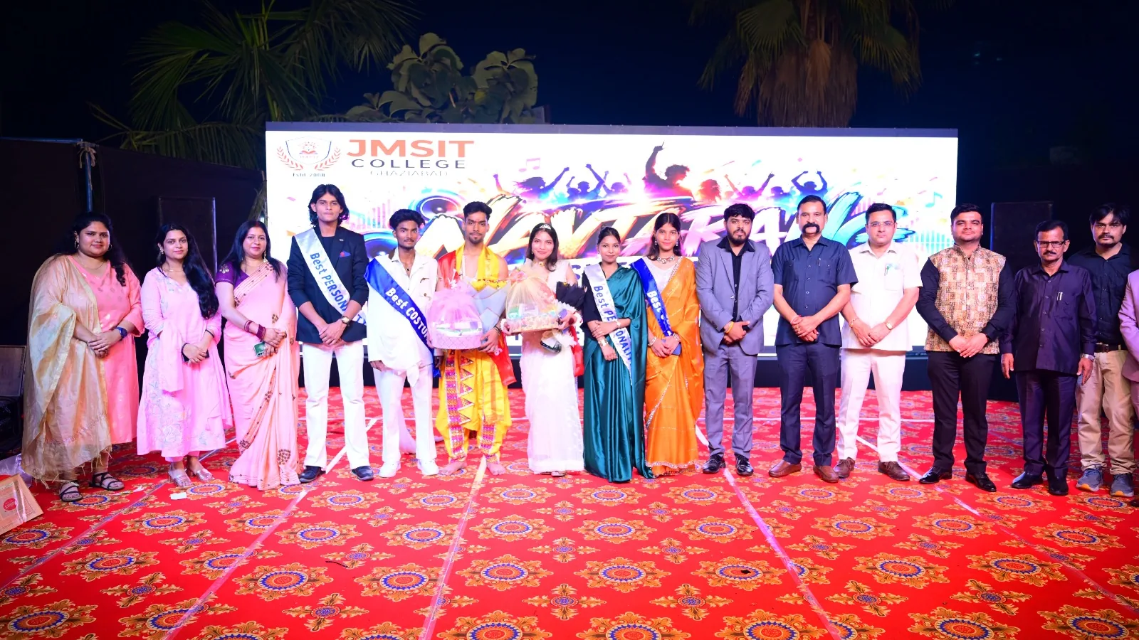 Award winners, faculty and guests on stage at the JMSIT freshers party in Ghaziabad