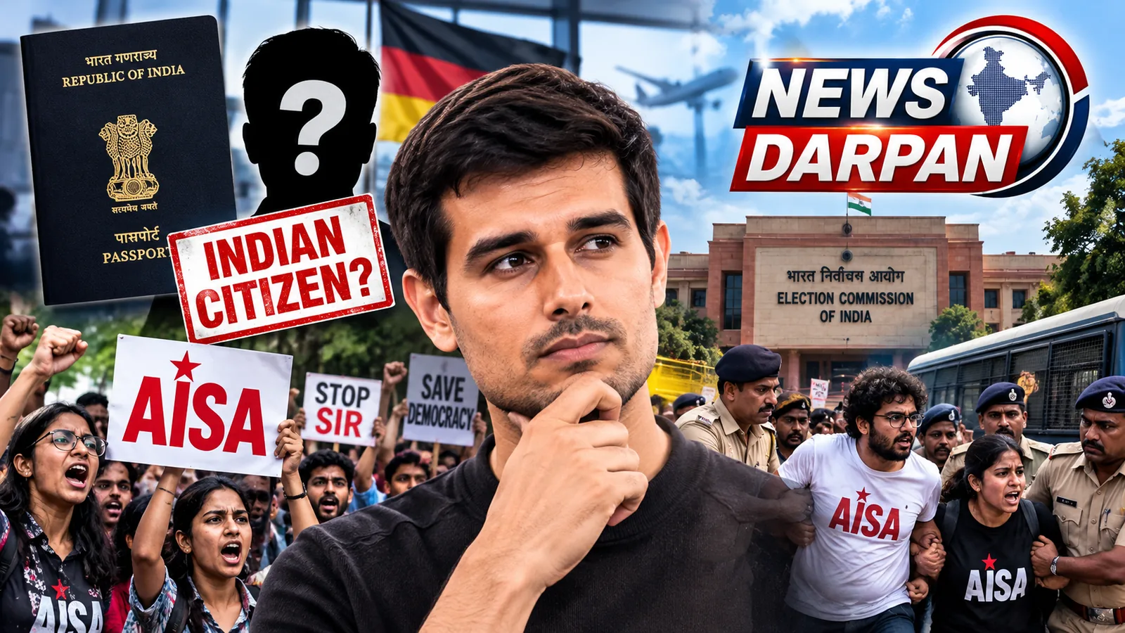 Graphic on the Dhruv Rathee citizenship row with an Indian passport, Election Commission building and AISA protesters