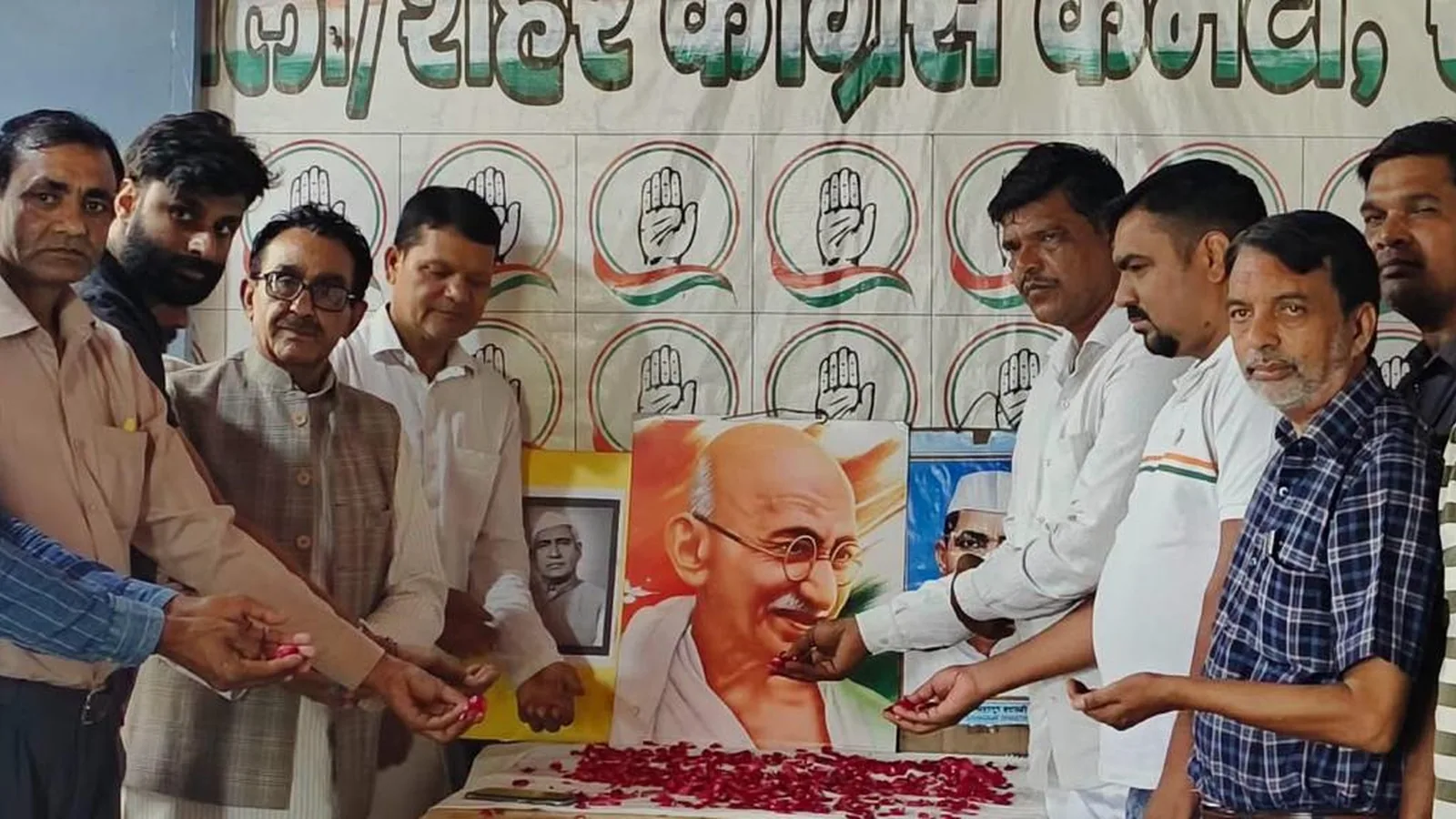 Congress workers at the Gandhi and Shastri birth anniversary programme in Bahjoi, Sambhal