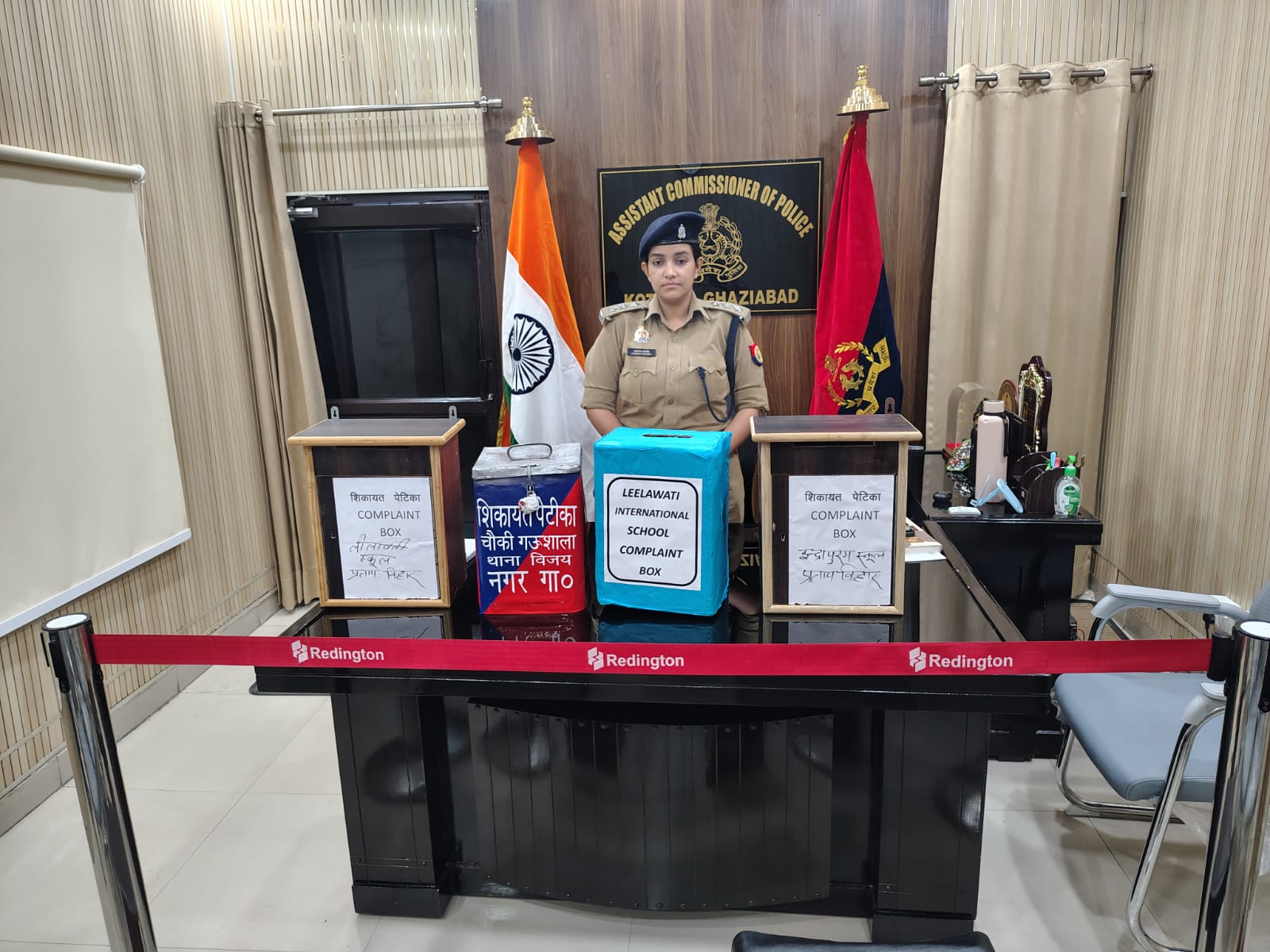 ACP Upasana Pandey with complaint boxes at the Kotwali Ghaziabad office