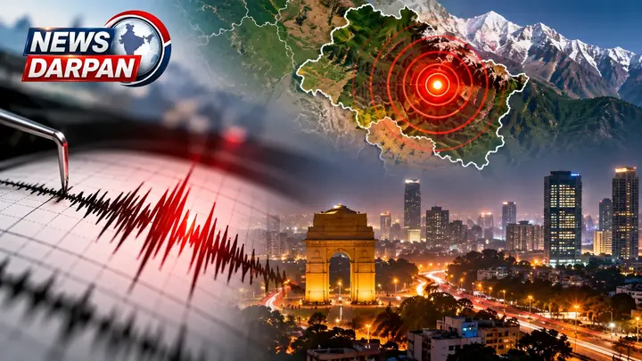 न्यूज़ दर्पण का भूकंप अलर्ट ग्राफिक: सीस्मोग्राफ की रेखा, लाल केंद्र चिह्न वाला नक्शा और दिल्ली का स्काइलाइन