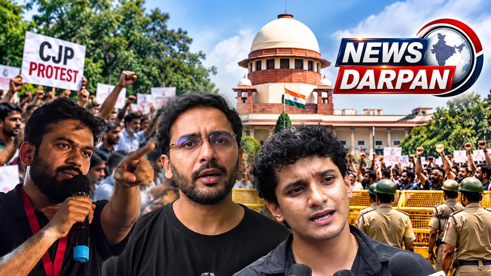 दिल्ली CJP प्रदर्शन पर ग्राफिक, तीन वक्ता, प्रदर्शनकारी, पुलिस बैरिकेड और गुंबद वाली इमारत