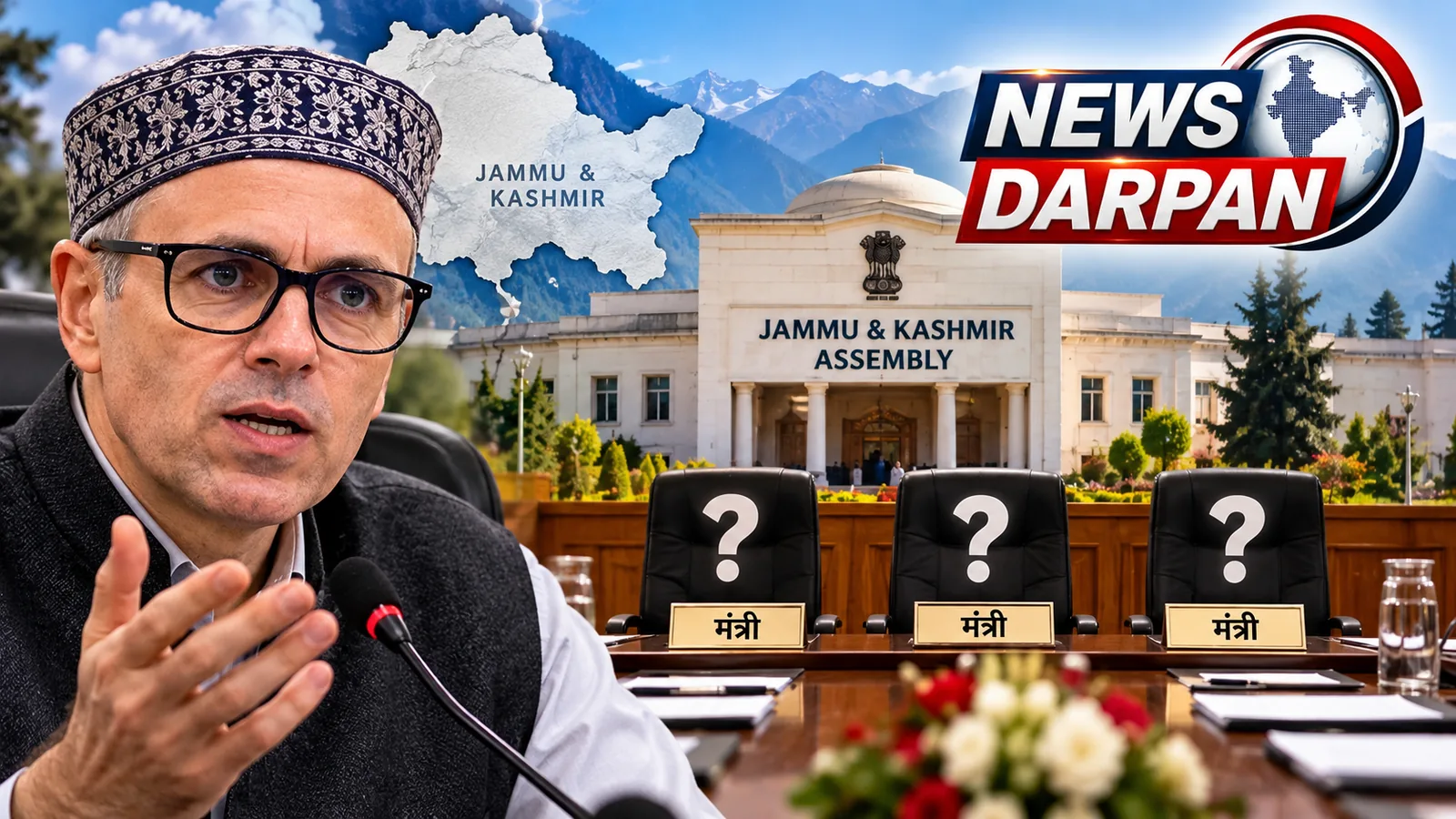 उमर अब्दुल्ला कैबिनेट विस्तार पर ग्राफिक, जम्मू-कश्मीर विधानसभा और मंत्री की तीन खाली कुर्सियां