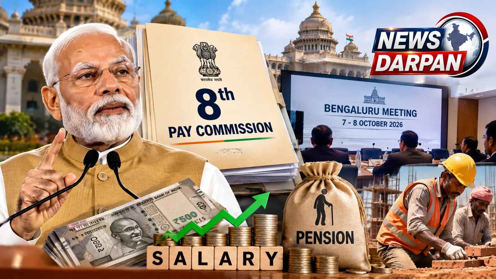 8वें वेतन आयोग की बेंगलुरु बैठक (7-8 अक्टूबर 2026) का ग्राफिक, जिसमें 8th Pay Commission की फाइल, बैठक कक्ष, निर्माण मजदूर, नोट और पेंशन का थैला दिख रहे हैं