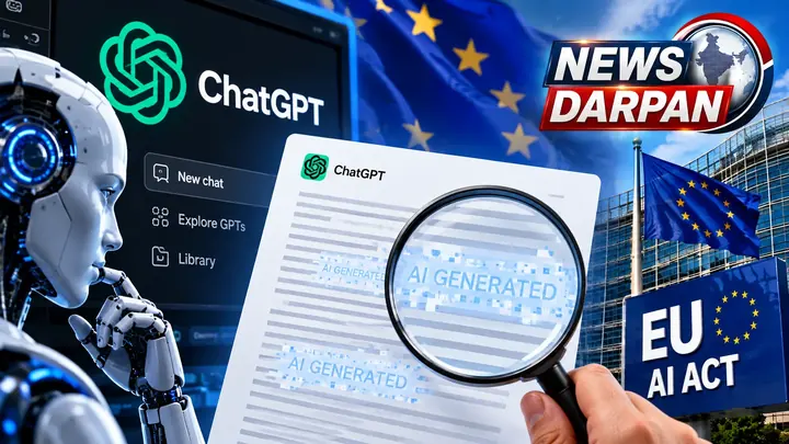 Graphic on ChatGPT text watermarking in the EU showing a ChatGPT screen, a document marked AI generated under a magnifying glass, a robot, EU flags and an EU AI Act sign