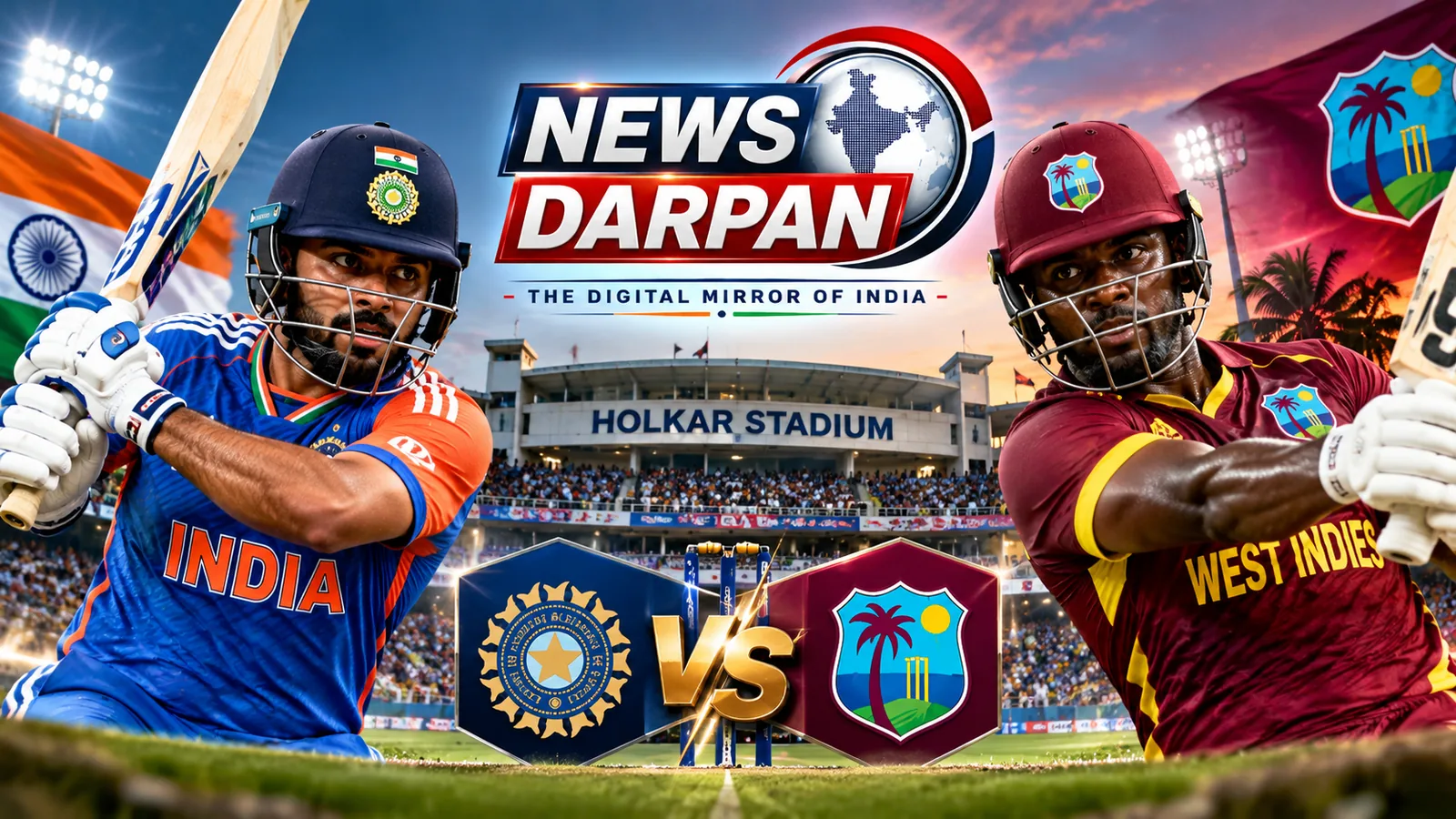 Graphic for IND vs WI 3rd T20 at Holkar Stadium showing an India batter and a West Indies batter in a floodlit stadium