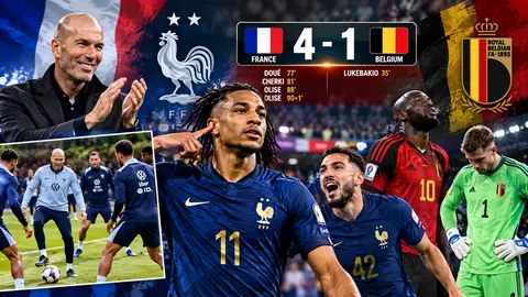 France vs Belgium का मैच ग्राफिक, जिसमें 4-1 स्कोरबोर्ड, Doué, Cherki, Olise और Lukebakio के गोल, फ्रांस व बेल्जियम के झंडे और स्टेडियम की भीड़ दिख रही है