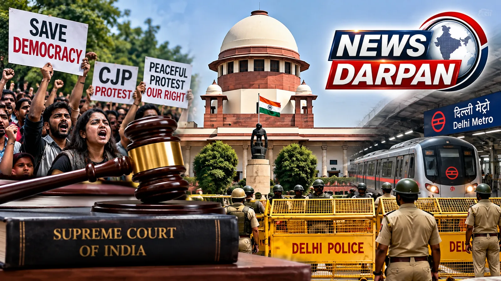 सुप्रीम कोर्ट और दिल्ली प्रदर्शन पर ग्राफिक, सुप्रीम कोर्ट भवन, प्रदर्शनकारी, पुलिस बैरिकेड और दिल्ली मेट्रो