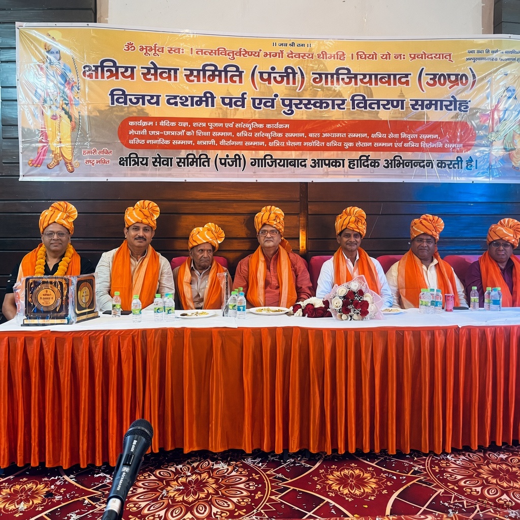 Guests wearing orange turbans seated on stage with awards at the Kshatriya Seva Samiti ceremony