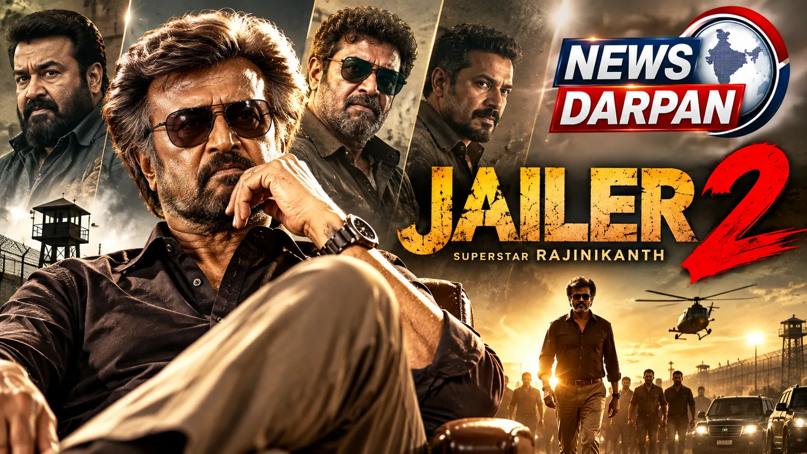 Jailer 2 poster-style graphic with the title Jailer 2 and the words Superstar Rajinikanth, showing four portrait panels, a prison watchtower, barbed wire and a helicopter at sunset