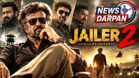 Jailer 2 poster-style graphic with the title Jailer 2 and the words Superstar Rajinikanth, showing four portrait panels, a prison watchtower, barbed wire and a helicopter at sunset