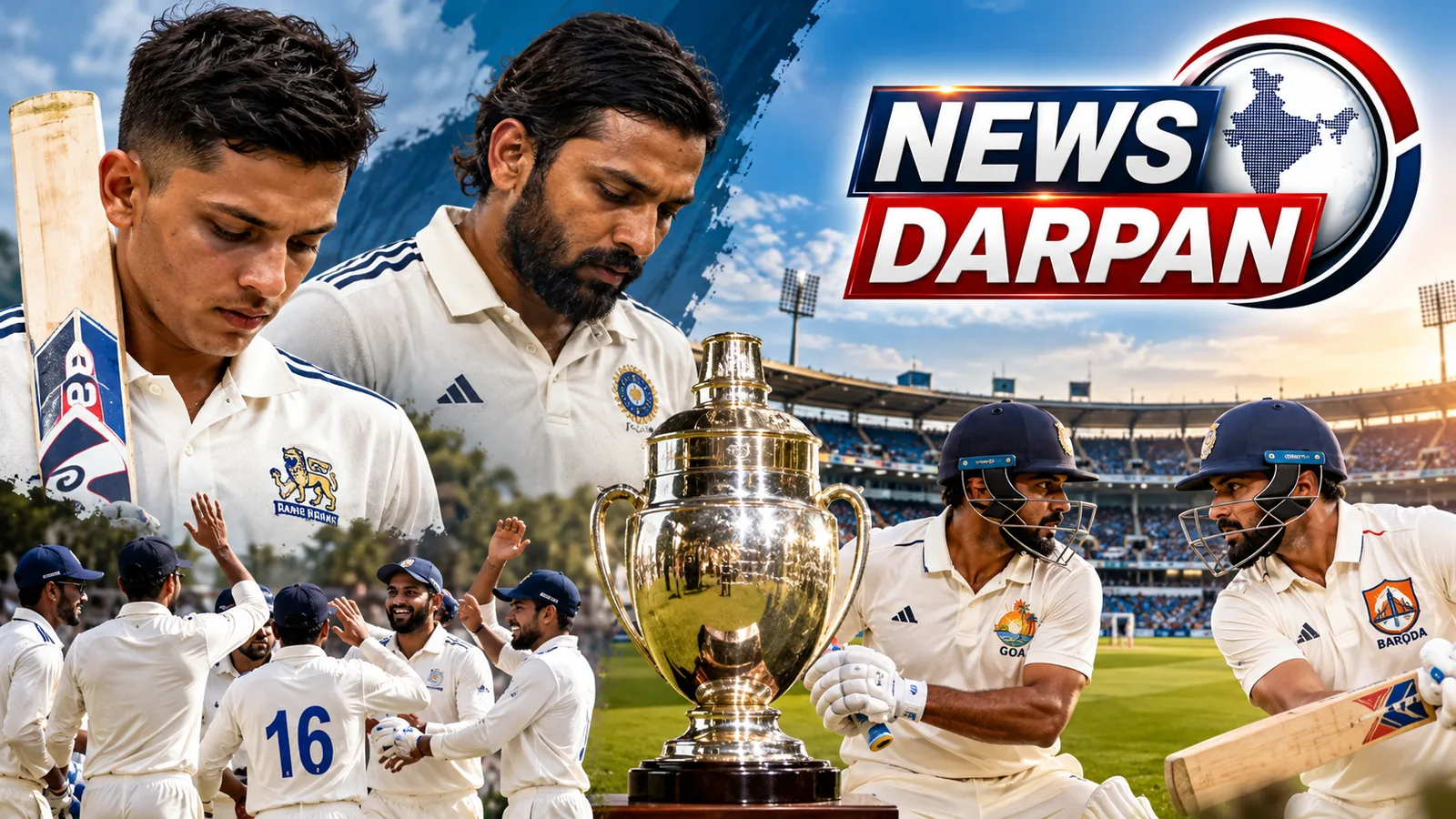 Ranji Trophy 2026 graphic showing the trophy, celebrating fielders in whites and Goa and Baroda batters in a floodlit stadium