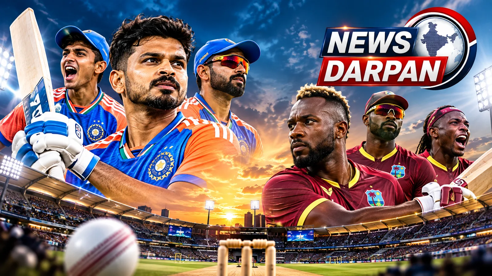 India vs West Indies T20 का ग्राफिक, जिसमें भारत जैसी नीली जर्सी में तीन और वेस्टइंडीज जैसी मरून जर्सी में तीन खिलाड़ी सूर्यास्त के समय फ्लडलाइट वाले स्टेडियम में दिख रहे हैं
