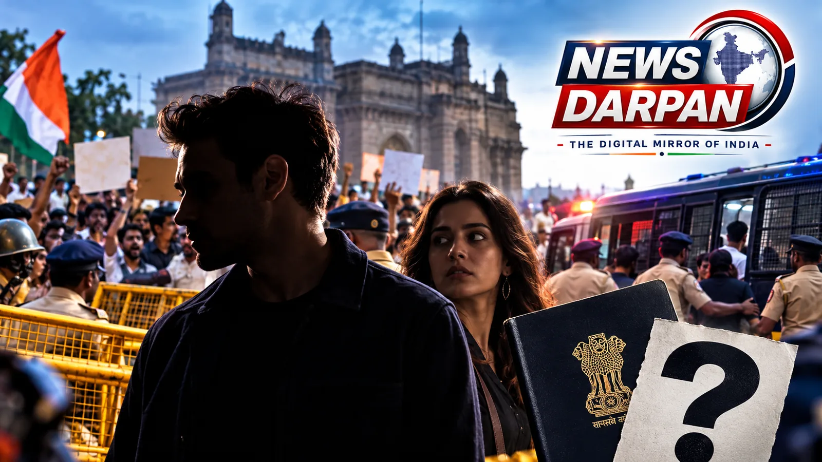 Graphic on actor Imran Khan and Lekha Washington detained at the CJP protest in Mumbai, with the Gateway of India, police and a passport
