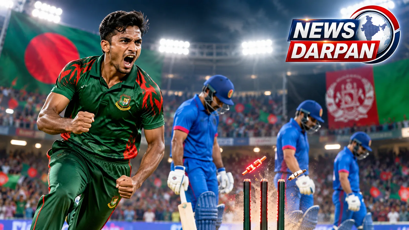 Graphic of a Bangladesh fast bowler celebrating, on the Hasan Mahmud hat-trick against Afghanistan