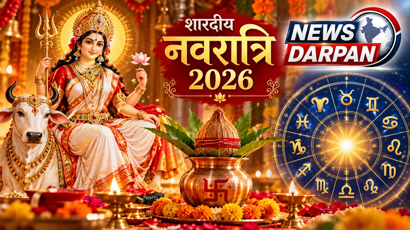 शारदीय नवरात्रि 2026 ग्राफिक, वृषभ पर सवार मां शैलपुत्री, नारियल और आम के पत्तों वाला कलश, दीये और राशि चक्र