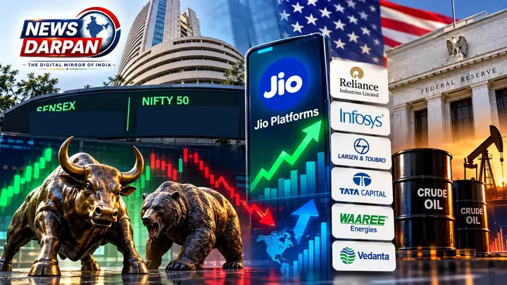 Illustrative composite showing the BSE, Sensex and Nifty labels, bull and bear, Jio, company logos, Federal Reserve and crude-oil barrels