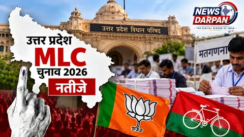 NewsDarpan election composite with a Uttar Pradesh map reading "UP MLC Election 2026 Results", a vote-counting depiction, an ink-marked finger, and BJP and SP flags